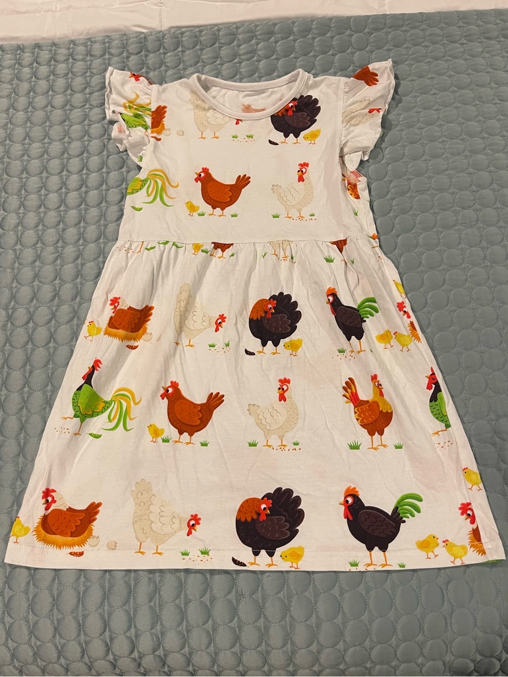 Girls White Cartoon Farm Chicken Hens Chicks Print 100% Cotton Dress Sz 5Y